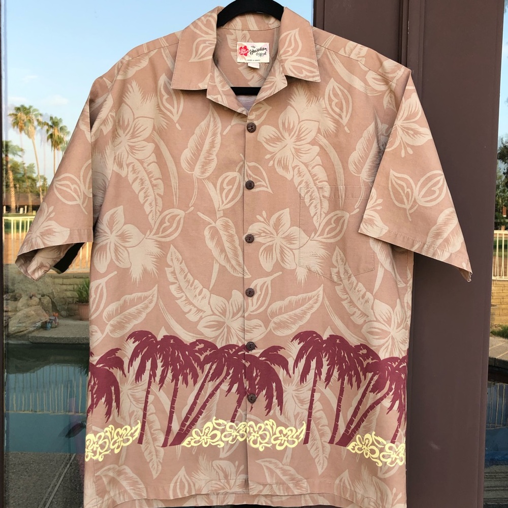 Hilo Hattie Tan Brown Maroon Hawaiian Camp Shirt L